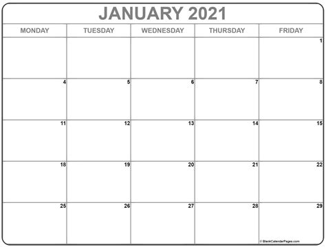 monday friday calendar 2021
